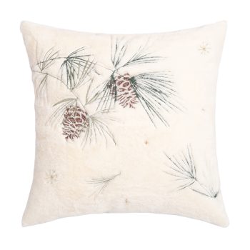 CUSHION DECORATIVE FAUX RABBIT FUR PINE CONE 18"X18" WHITE/GREEN POLYESTER 400G FILLING
