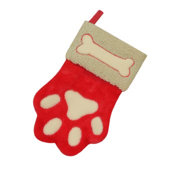 STOCKING 13" PET RED/BROWN FAUX FUR W/SHERPA CUFF, APPLIQUE & EMBROIDERY