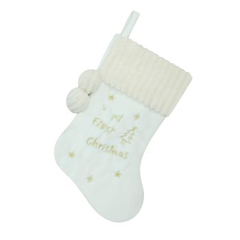 STOCKING 13" BABY WHITE/IVORY VELVET W/EMBROIDERY, CORDUROY CUFF W/POMS POMS