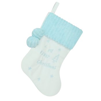 STOCKING 13" BABY WHITE/LIGHT BLUE VELVET W/EMBROIDERY, CORDUROY CUFF W/POMS POMS