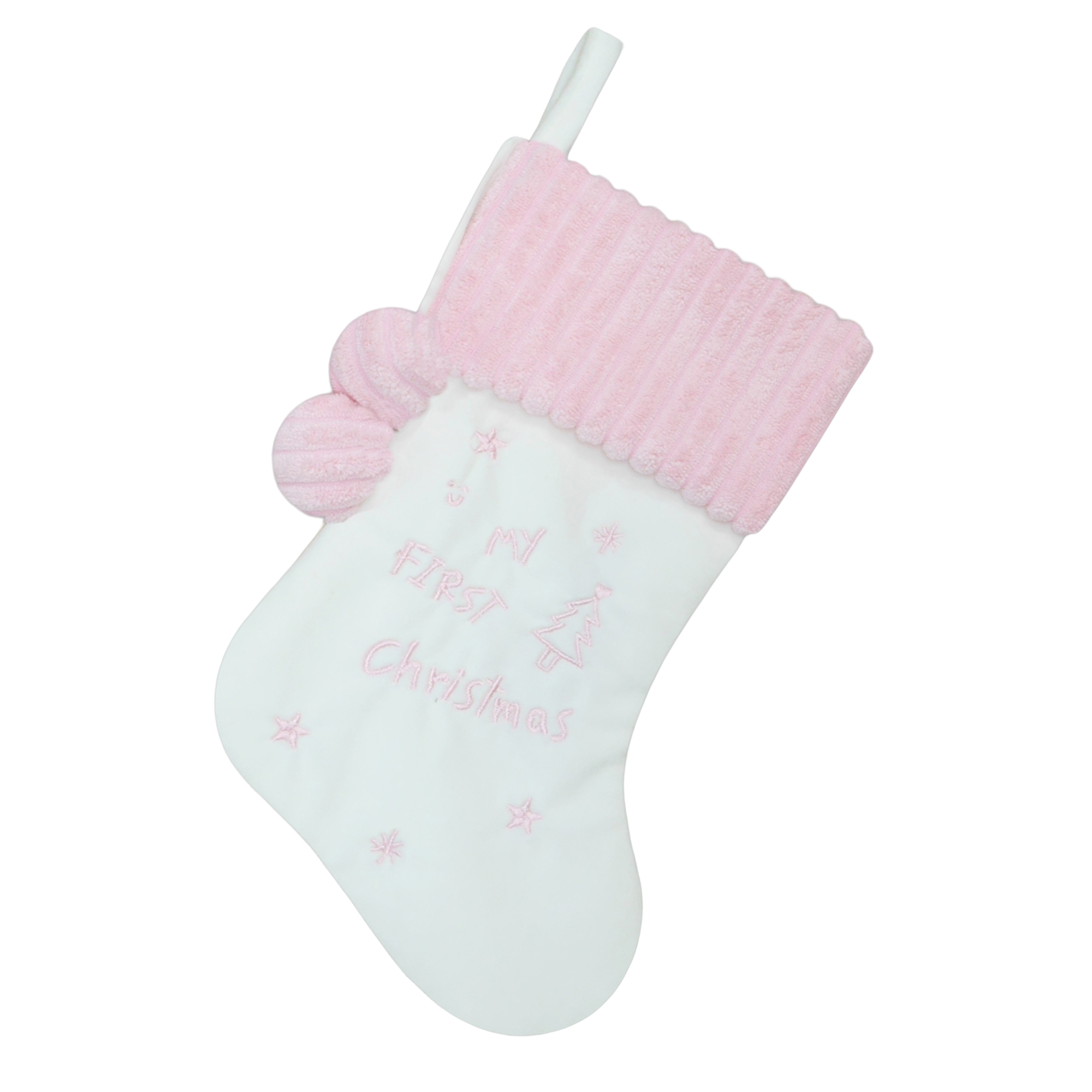 STOCKING 13" BABY WHITE/PINK VELVET W/EMBROIDERY, CORDUROY CUFF W/POMS POMS