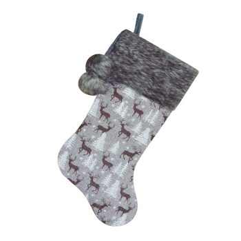 STOCKING 20.5" BROWN/GREY POLY-LINEN W/FAUX FUR CUFF & POMS POMS
