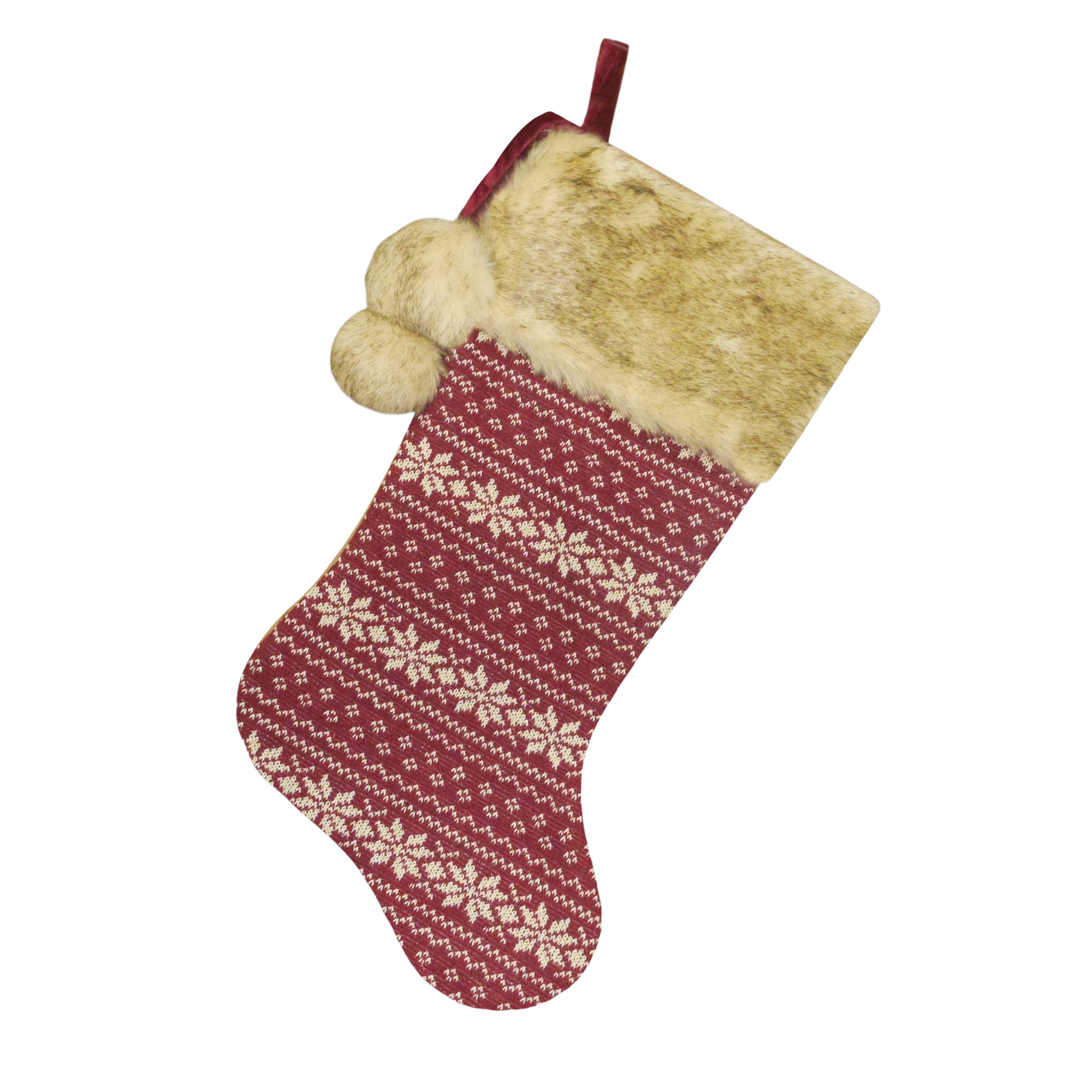 STOCKING 20.5" BURGUNDY/BEIGE KNITTED W/FAUX FUR CUFF & POMS POMS