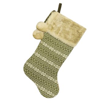 STOCKING 20.5" GREEN/BEIGE KNITTED W/FAUX FUR CUFF & POMS POMS