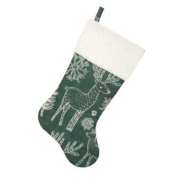 STOCKING 20.5" GREEN/WHITE REINDEER & SNOWFLAKE W/SHERPA CUFF