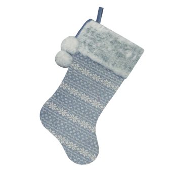 STOCKING 20.5" GREY KNITTED W/FAUX FUR CUFF & POMS POMS