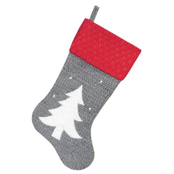 STOCKING 20.5" GREY/RED/WHITE KNIT W/DIAMOND KNIT CUFF, APPLIQUE & EMBROIDERY