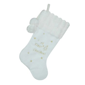 STOCKING 20.5" BABY IVORY/WHITE FAUX FUR W/EMBROIDERY, STRIPED FAUX FUR CUFF W/POMS POMS