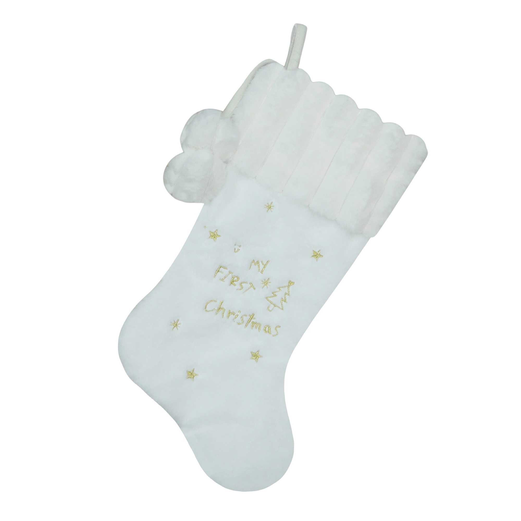 STOCKING 20.5" BABY IVORY/WHITE FAUX FUR W/EMBROIDERY, STRIPED FAUX FUR CUFF W/POMS POMS