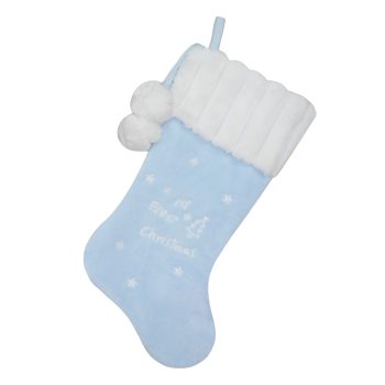 STOCKING 20.5" BABY LIGHT BLUE/WHITE FAUX FUR W/EMBROIDERY, STRIPED FAUX FUR CUFF W/POMS POMS