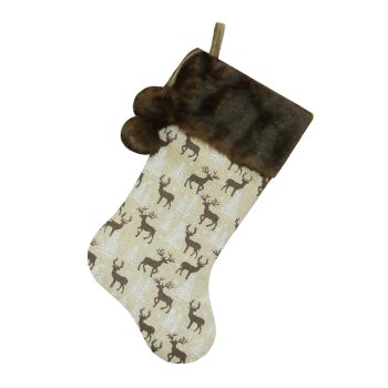 STOCKING 20.5" LIGHT BROWN/BROWNPOLY-LINEN W/FAUX FUR CUFF & POMS POMS