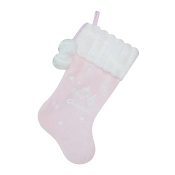 STOCKING 20.5" BABY PINK/WHITE FAUX FUR W/EMBROIDERY, STRIPED FAUX FUR CUFF W/POMS POMS