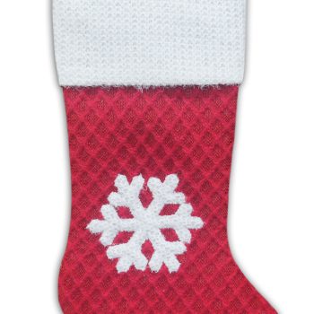 STOCKING 20.5" RED/WHITE DIAMOND KNIT W/FUZZY KNIT CUFF, APPLIQUE & EMBROIDERY