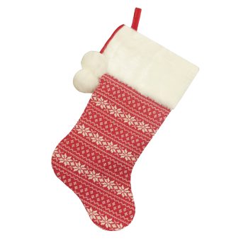 STOCKING 20.5" RED/WHITE KNITTED W/FAUX FUR CUFF & POMS POMS
