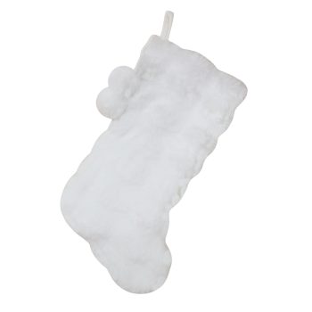 STOCKING 20.5" DELUXE WHITE PUFFY FAUX FUR W/POMS POMS