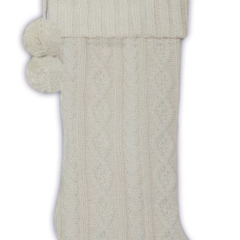 STOCKING 21.5" BEIGE CABLE KNIT W/KNIT CUFF & POMS POMS