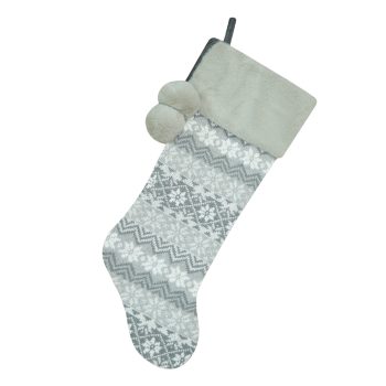 STOCKING 21.5" GREY/TAUPE KNITTED W/FAUX FUR CUFF & POMS POMS