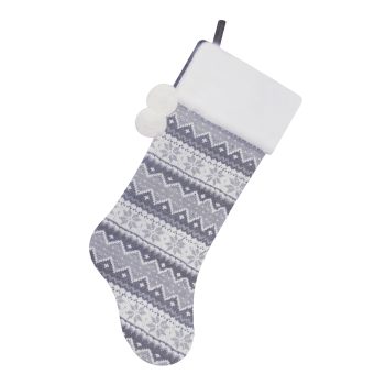 STOCKING 21.5" GREY/WHITE KNITTED W/FAUX FUR CUFF & POMS POMS