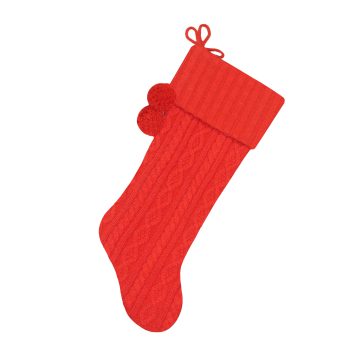 STOCKING 21.5" RED CABLE KNIT W/KNIT CUFF & POMS POMS