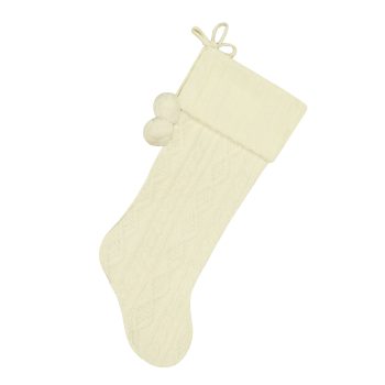 STOCKING 21.5" WHITE CABLE KNIT W/KNIT CUFF & POMS POMS