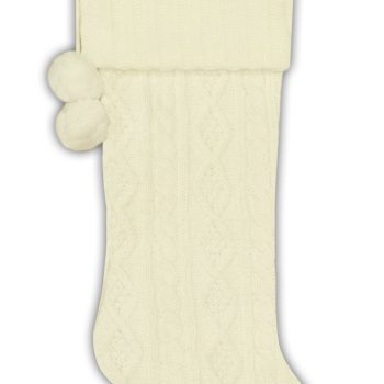 STOCKING 21.5" WHITE CABLE KNIT W/KNIT CUFF & POMS POMS