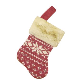 STOCKING MINI 6" BURGUNDY/BEIGE KNITTED W/FAUX FUR CUFF