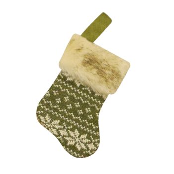 STOCKING MINI 6" GREEN/BEIGE KNITTED W/FAUX FUR CUFF