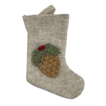 STOCKING FELT 9" BEIGE W/PINE CONE