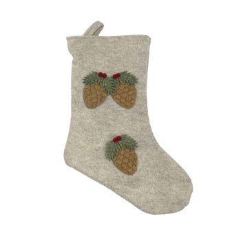 STOCKING FELT 18" BEIGE W/PINE CONES