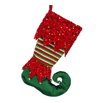 STOCKING ELF SHOE 19" RED/GREEN/GOLD W/SEQUINS