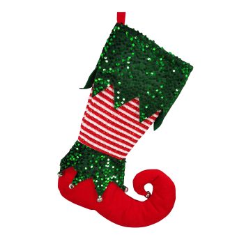 STOCKING ELF SHOE 19" RED/GREEN/WHITE W/SEQUINS