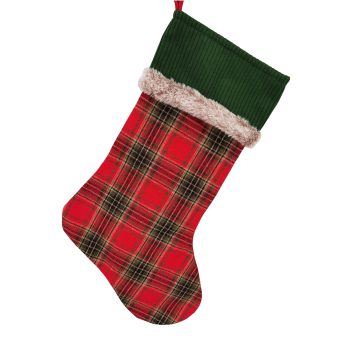 STOCKING 20" CORDUROY CUFF RED/GREEN/BROWN TARTAN