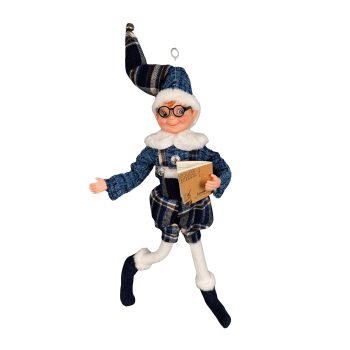 ELF POSABLE BOY 18" BLUE/WHITE TARTAN W/READING GLASSES HOLDING A BOOK