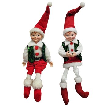 ELF BOY/GIRL POSABLE 18" RED/GREEN/WHITE W/SEQUINS VEST 2 ASSORTED