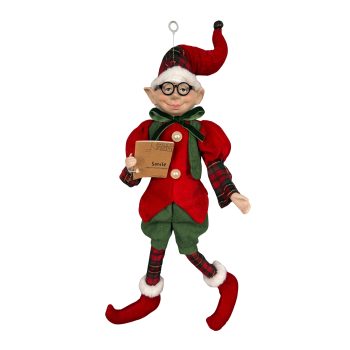 ELF POSABLE BOY 18" RED/GREEN/WHITE W/READING GLASSES HOLDING A BOOK