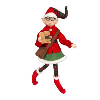 ELF POSABLE GIRL 18" RED/GREEN/WHITE W/READING GLASSES HOLDING A BOOK