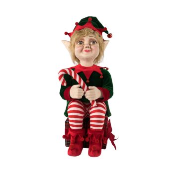 SANTA'S HELPER (ELF) SITTING 9"X13"X21.5" IN GREEN ELF CLOTHING