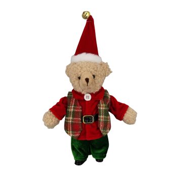 ORN BEAR 8" RED/DK.GREEN W/TARTAN VEST & SANTA HAT