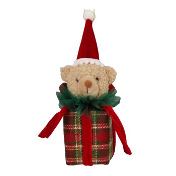 ORN BEAR HEAD W/GIFT BOX TARTAN 6" RED/DK.GREEN W/SANTA HAT