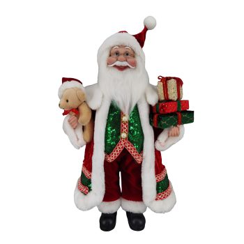SANTA STANDING 18" RED/GREEN/WHITE HOLDING GIFT & BEAR
