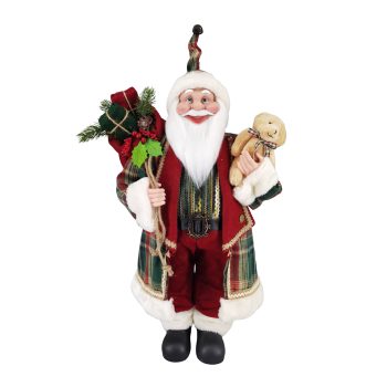 SANTA STANDING 24" RED/GREEN/BROWN HOLDING BEAR