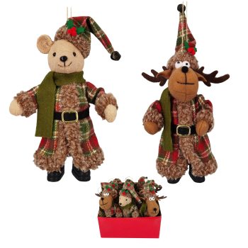 ORN BEAR & REINDEER ASSORTED 9PC SET 8" RED/BROWN TARTAN 2 ASSORTED
