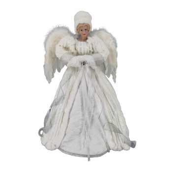 ANGEL TREE TOPPER 24" SILVER/WHITE FUR/SEQUINS GOWN W/JEWEL