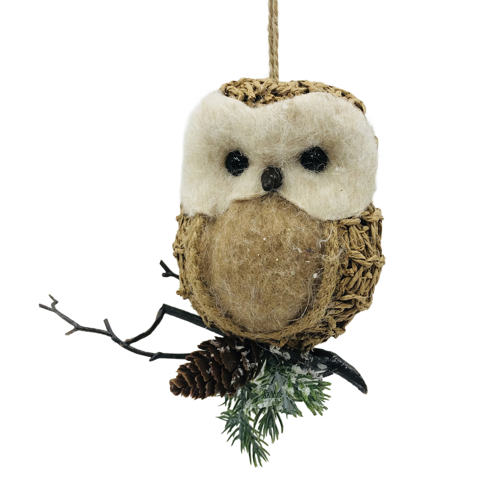 OWL ORNAMENT 7"X5" BROWN BRANCH W/ PINE CONE & GREENERY