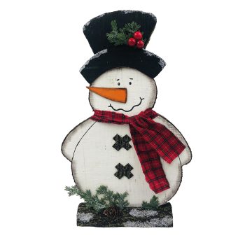 SNOWMAN W/BLACK HAT 11"X17" WHITE/BLACK WOOD WITH BASE