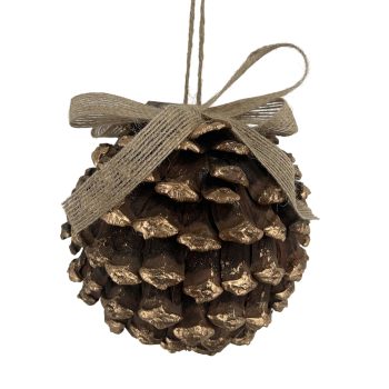 PINECONE BALL 4" NATURAL W/GOLDEN TIPS AND BURLAP BOW