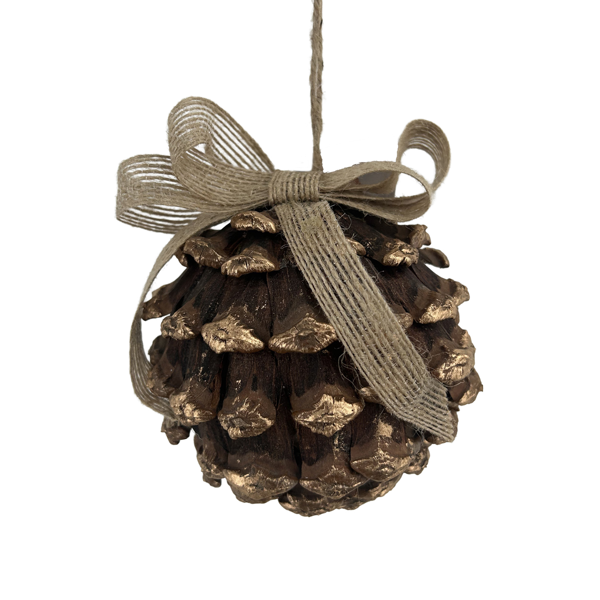 PINECONE BALL 5" NATURAL W/ GOLDEN TIPS AND BURLAP BOW