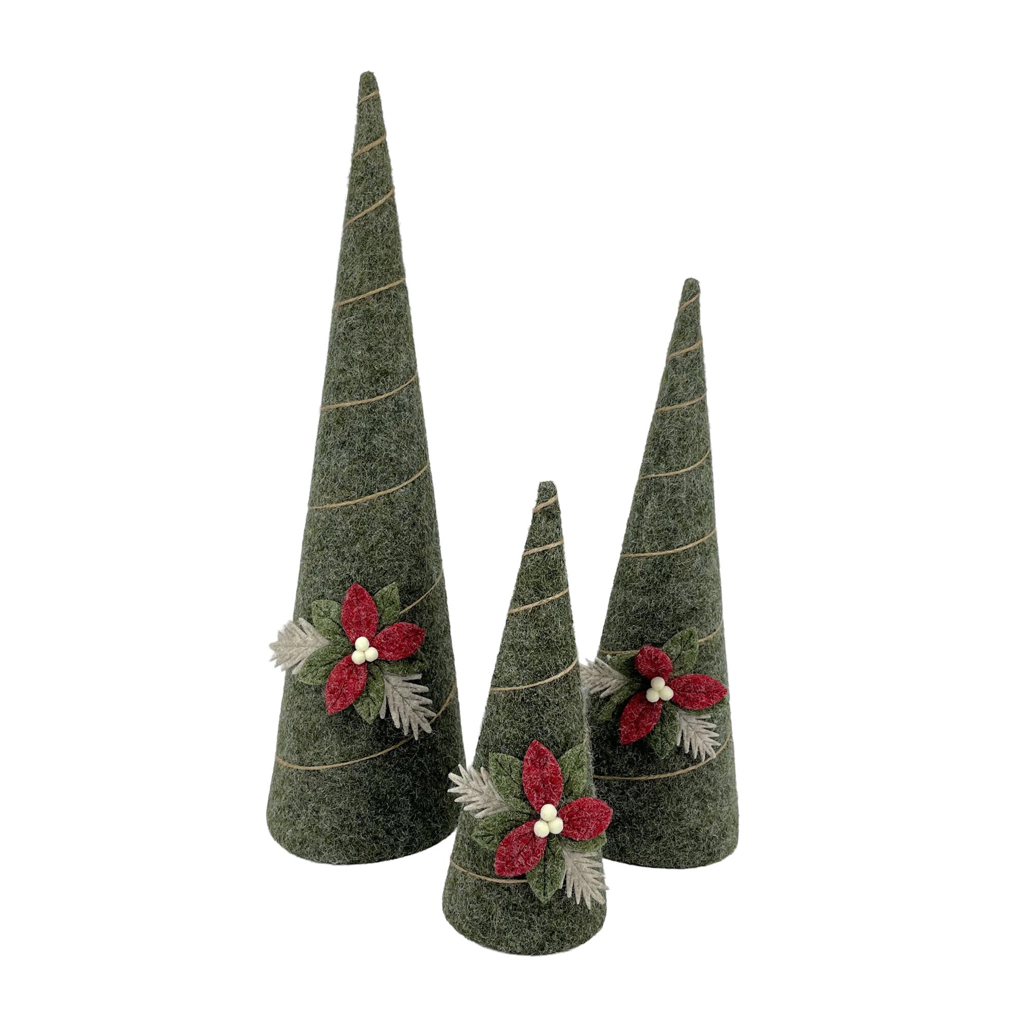 TREE FELT 12"/17"/23" DARK GREEN, WRAP W/ JUTE STRING & POINSETTIA ACCENT