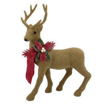 REINDEER STANDING FLOCKED 16"X12" BROWN W/POINSETTIA