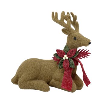 REINDEER SITTING FLOCKED 12"X12" BROWN W/POINSETTIA